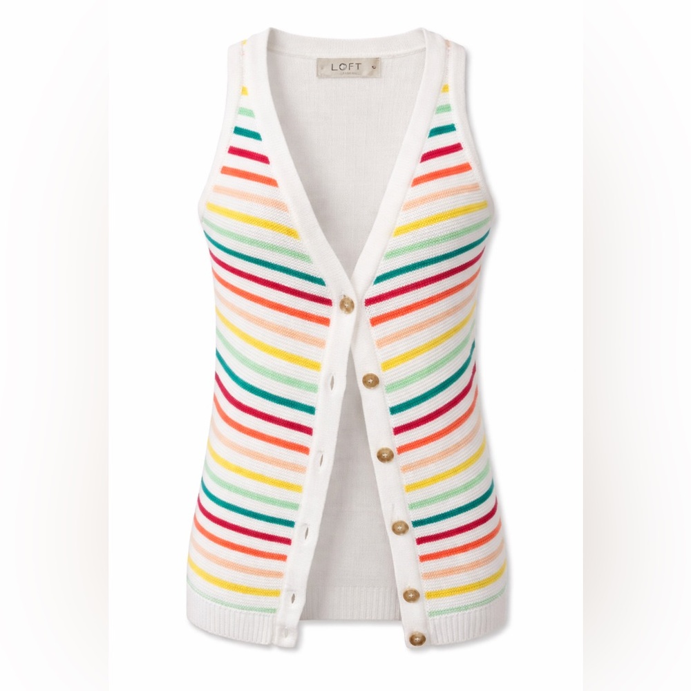 LOFT Rainbow Stripe Knit Tank Cardigan‎ Vest Coastal Preppy Summer-Small